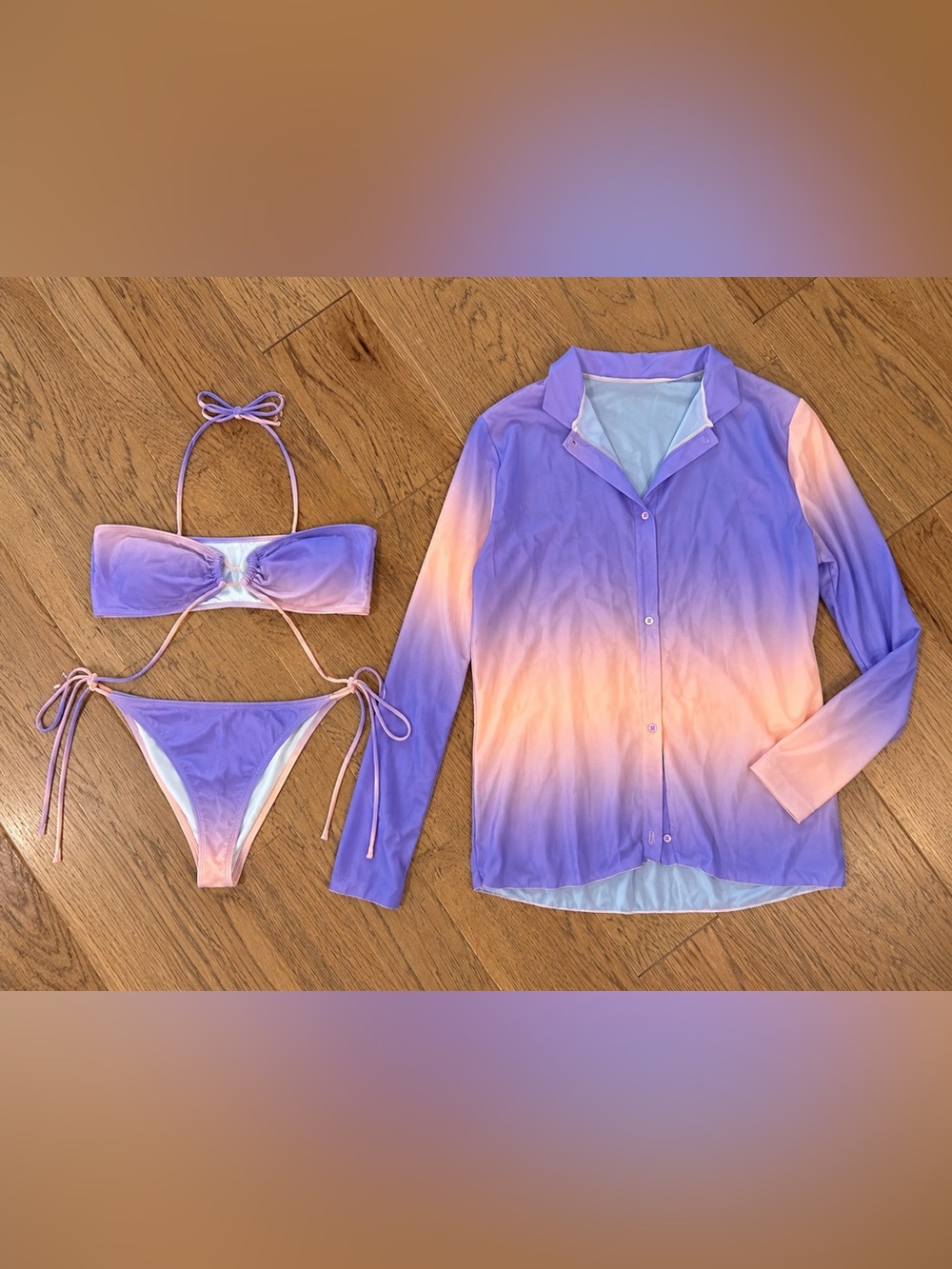 SHEIN Purple & Peach Ombre Bandeau Bikini Set with Long-Sleeve Cover-Up